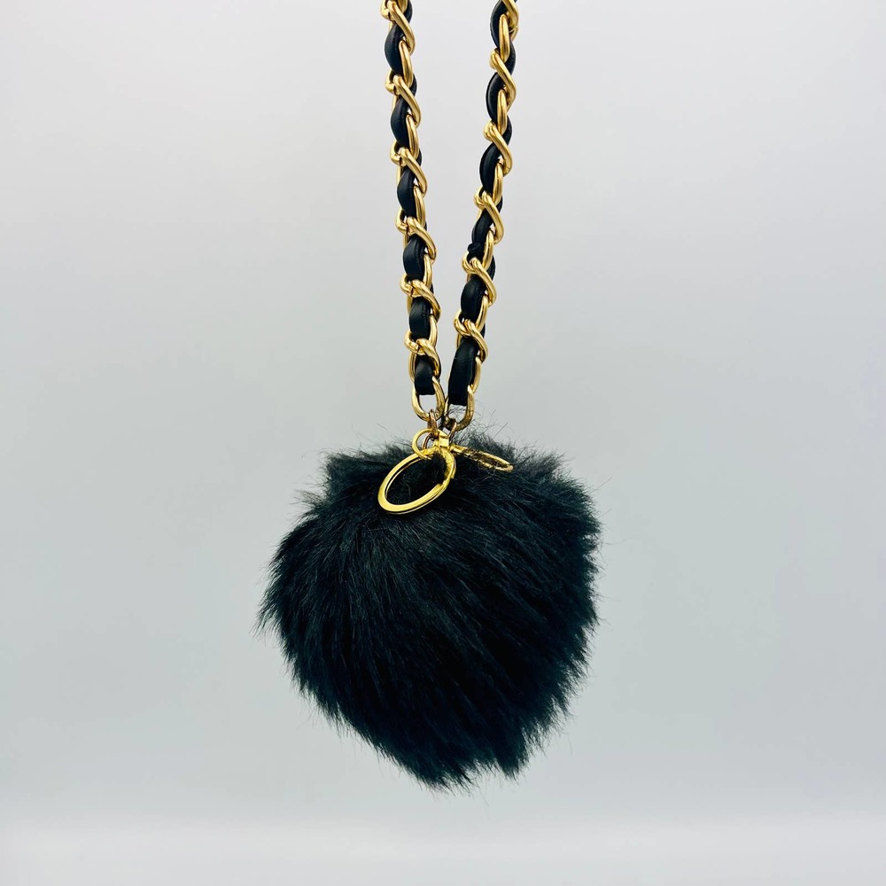 Handmade Faux Fur Pompom Keychain Bag Charm Black Gold Woven Classic Bracelet